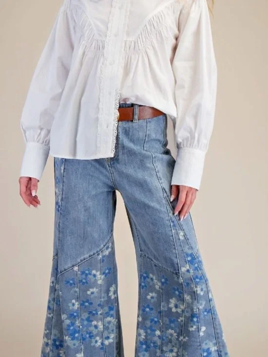 Easel Light Wash Floral print Wide leg Frayed Hem Denim Jeans - Picture 6 of 7